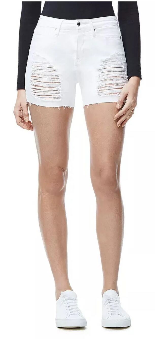Good American Stretch Distressed Cut Off Denim Shorts White